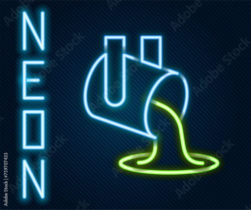 Glowing neon line Molten gold being poured icon isolated on black background. Molten metal poured from ladle. Colorful outline concept. Vector