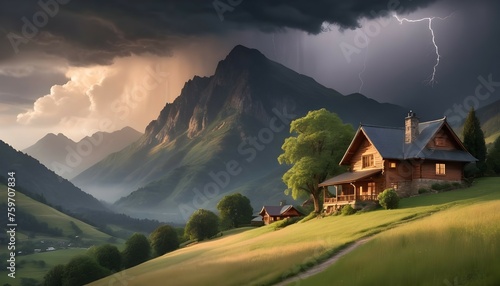 Create an evocative image capturing the grandeur of towering mountains, a tranquil hill crowned with a sprawling tree, and a quaint wooden cottage bathed in the soft glow of evening light, as storm cl