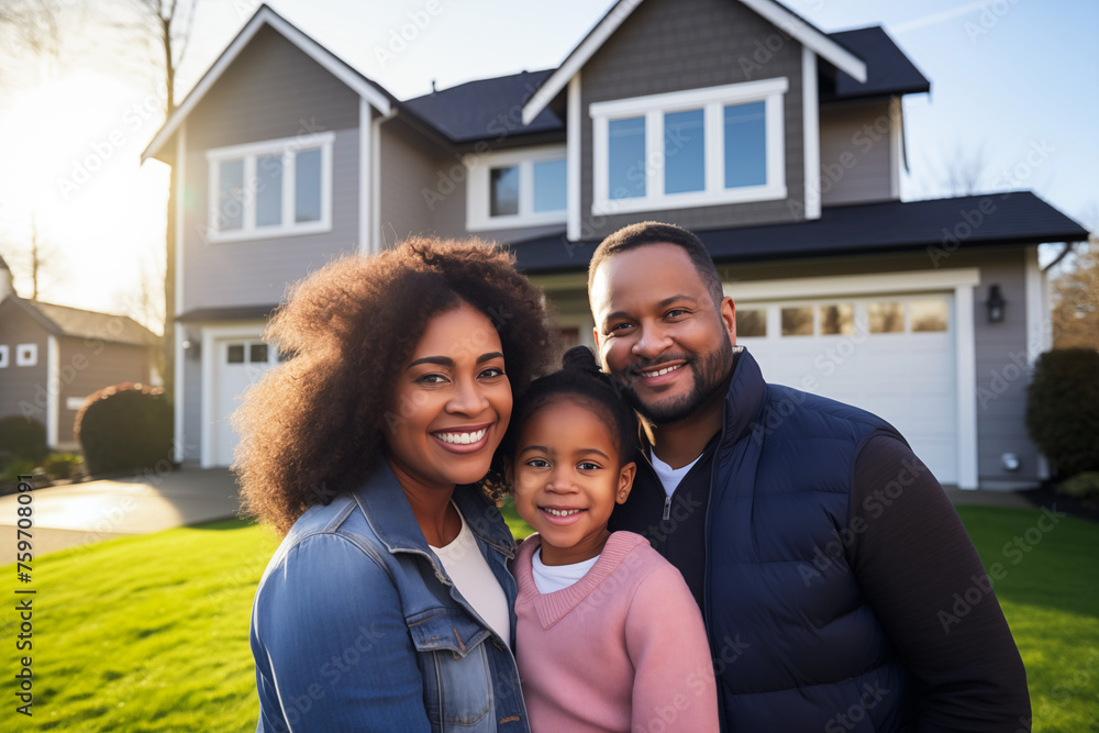 happy Afro American family in front of house, real estate new house concept, people standing outside house