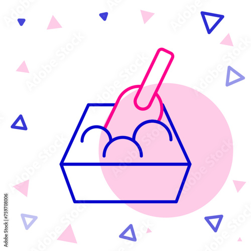 Line Cat litter tray with shovel icon isolated on white background. Sandbox cat with shovel. Colorful outline concept. Vector