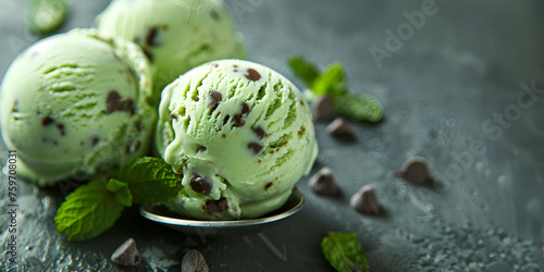 Mint chocolate ice cream in a dark background,Mint Chocolate Chip Ice Cream Dish,Scrumptious Ice Cream Delight © UMAR