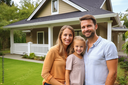 happy caucasian family in front of house, real estate new house concept, people standing outside house