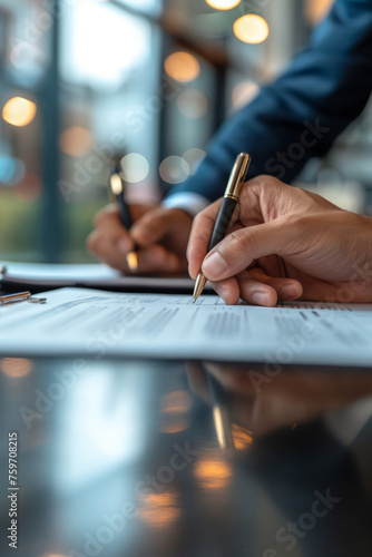 Close-up of a person's hands signing a document on a desk with a blurred background illustrating an office or business setting.