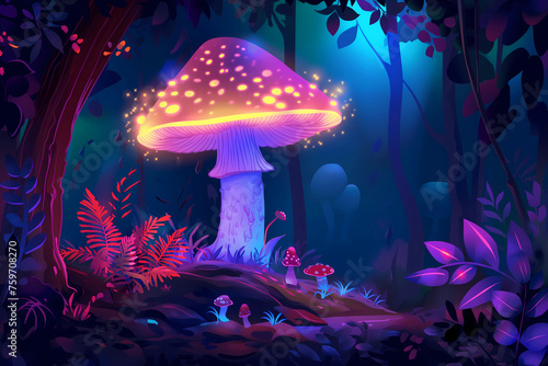 Illustration of a glowing mushroom in the style of a fantasy world with neon lights.
