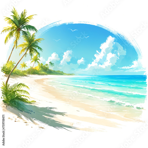 A tropical beach scene with palm trees, blue sky and white sandy shore. The palm trees are scattered throughout the scene, providing a sense of depth and a relaxing atmosphere.