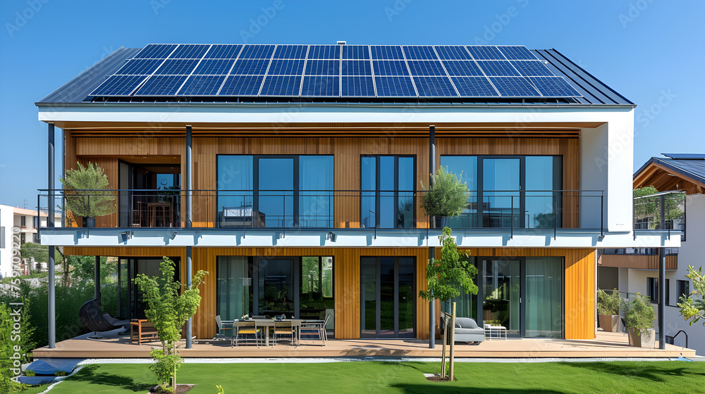 Fototapeta premium Modern eco friendly passive house with solar panels on rooftop. Solar panels and urban community garden on roof of modern apartment building in city