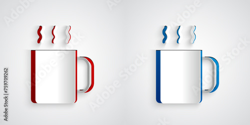 Paper cut Cup of tea icon isolated on grey background. Paper art style. Vector