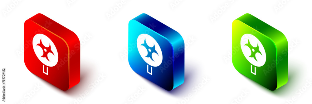Isometric Biohazard symbol icon isolated on white background. Red, blue and green square button. Vector Isometric Biohazard symbol icon isolated on white background. Red, blue and green square button. Vector