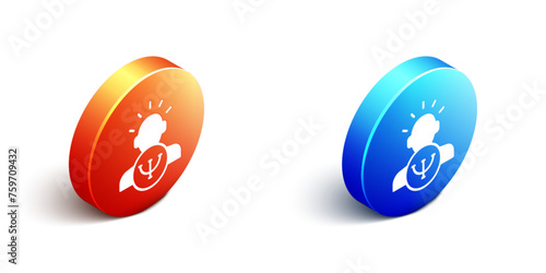 Isometric Psychology icon isolated on white background. Psi symbol. Mental health concept, psychoanalysis analysis and psychotherapy. Orange and blue circle button. Vector