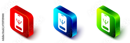 Isometric Online psychological counseling distance icon isolated on white background. Psychotherapy, psychological help, psychiatrist online consulting. Red, blue and green square button. Vector