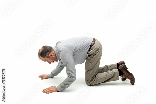 Japanese style togeza, an old businessman crawling on the floor with his face down. White background profile picture.