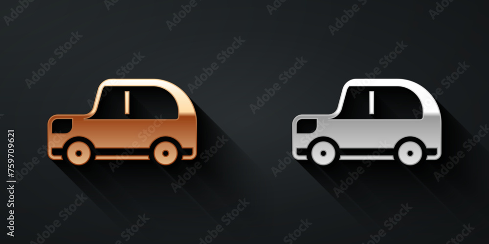 Gold and silver Car icon isolated on black background. Long shadow style. Vector