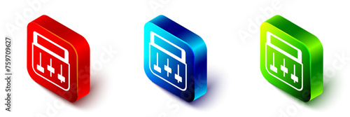 Isometric Drum machine music producer equipment icon isolated on white background. Red, blue and green square button. Vector