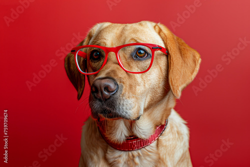 Beautiful elegant labrador dog wearing red glasses heart-shaped on red colored background. funny pets. Cute dog wearing bright red glasses. Concept of humor and caring for pets