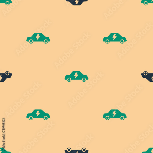 Green and black Electric car and electrical cable plug charging icon isolated seamless pattern on beige background. Renewable eco technologies. Vector