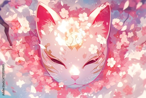 anime style illustration of closeup of japanese cat neko mask in pink sakura cherry flowers © Маргарита Вайс