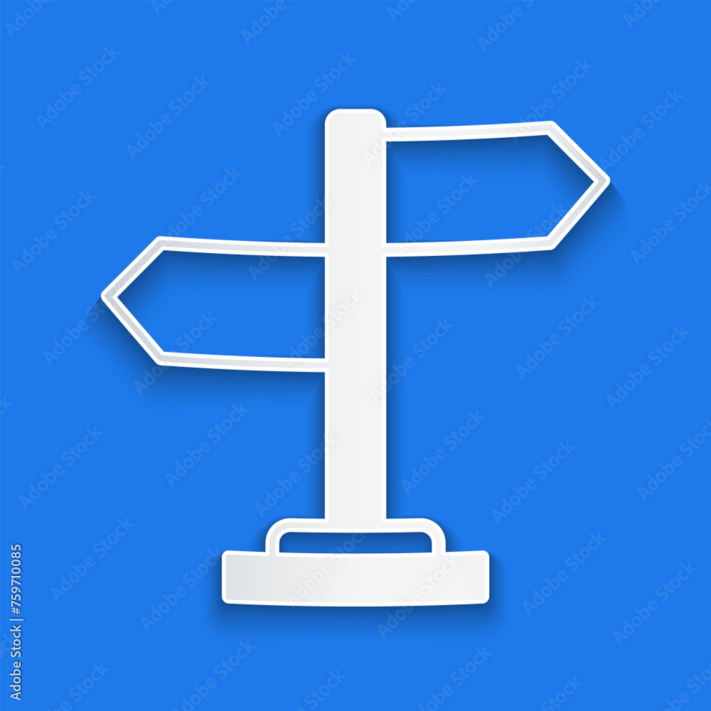 Paper cut Road traffic sign. Signpost icon isolated on blue background. Pointer symbol. Isolated street information sign. Direction sign. Paper art style. Vector Paper cut Road traffic sign. Signpost icon isolated on blue background. Pointer symbol. Isolated street information sign. Direction sign. Paper art style. Vector
