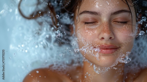 Happy young woman s face in splashing water on white background.