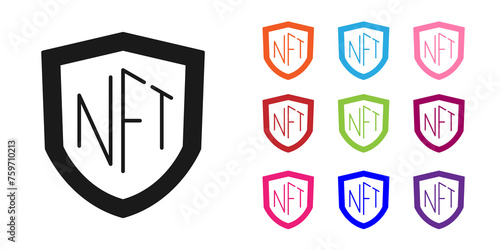 Black NFT shield icon isolated on white background. Non fungible token. Digital crypto art concept. Set icons colorful. Vector