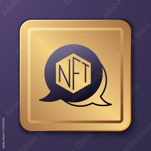 Purple NFT Digital crypto art icon isolated on purple background. Non fungible token. Gold square button. Vector