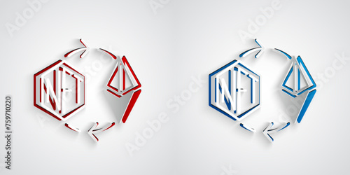 Paper cut Ethereum exchange NFT icon isolated on grey background. Non fungible token. Digital crypto art concept. Paper art style. Vector