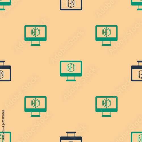 Green and black Monitor with art store app icon isolated seamless pattern on beige background. Technology of selling NFT tokens for cryptocurrency. Non fungible token concept. Vector