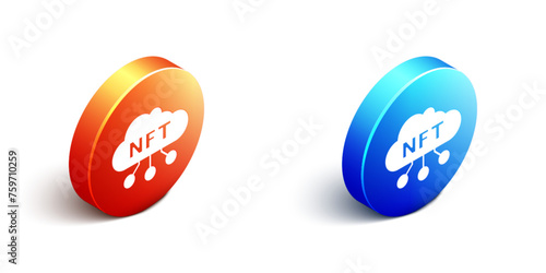 Isometric NFT cloud icon isolated on white background. Non fungible token. Digital crypto art concept. Orange and blue circle button. Vector