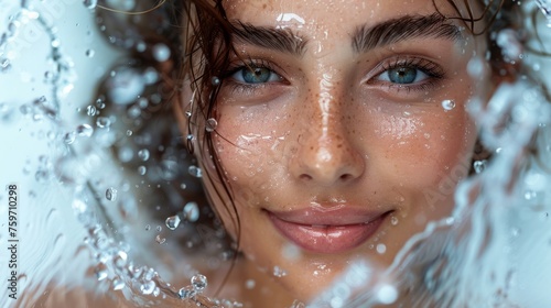 Happy young woman's face in splashing water on white background.