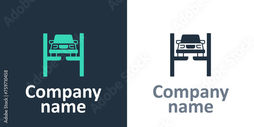 Logotype Repair car on lift icon isolated on white background. Repair of the underbody, suspension, wheels and engine. Logo design template element. Vector