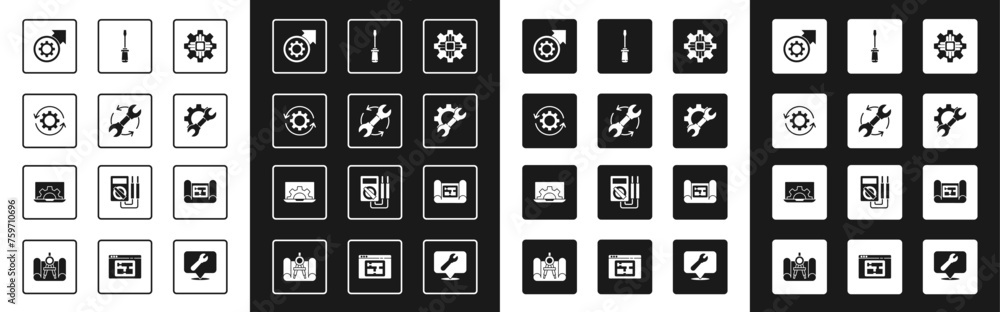 Set Processor, Wrench and arrows as workflow, Gear, process, spanner gear, Screwdriver, House plan and Laptop icon. Vector Set Processor, Wrench and arrows as workflow, Gear, process, spanner gear, Screwdriver, House plan and Laptop icon. Vector