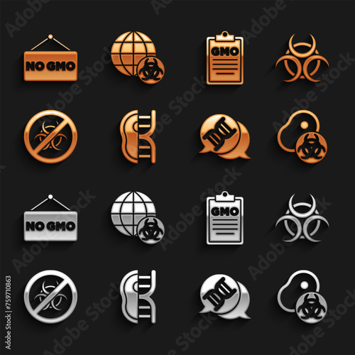 Set Genetically modified meat, Biohazard symbol, DNA, Stop GMO, No and icon. Vector