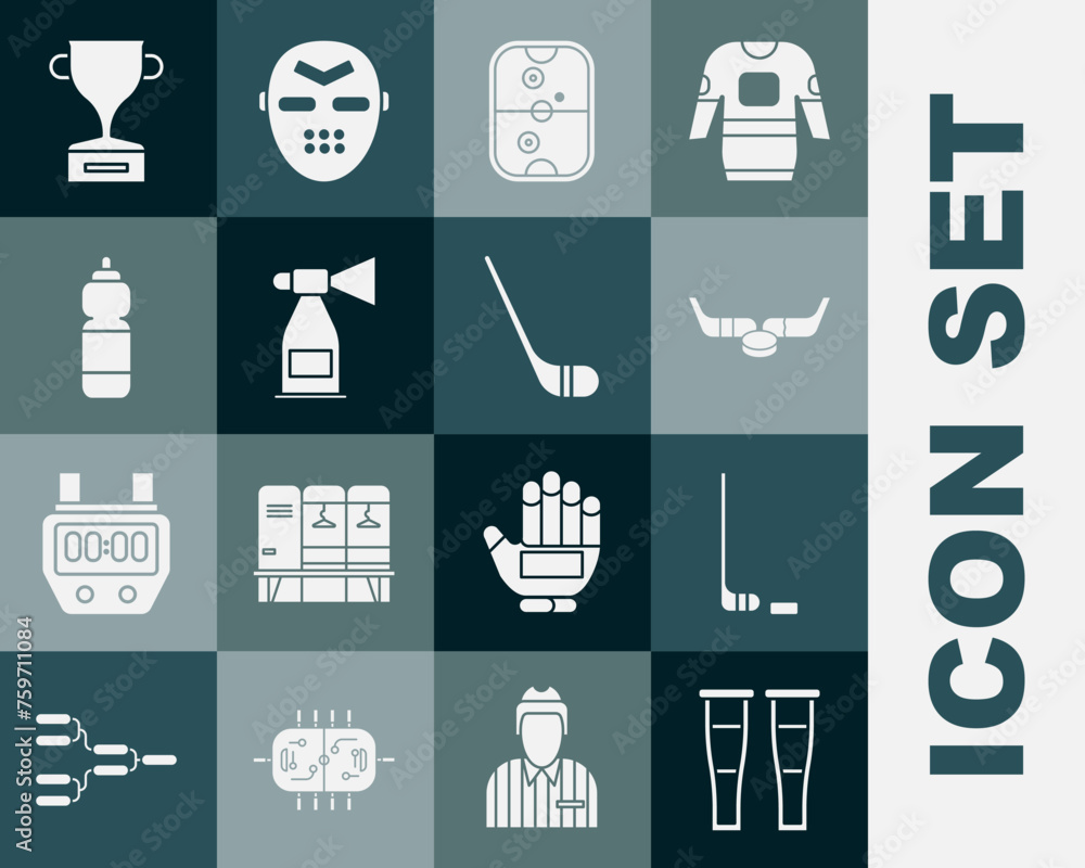 Set Crutch or crutches, Ice hockey stick and puck, sticks, Air table, horn, Fitness shaker, Award cup and icon. Vector Set Crutch or crutches, Ice hockey stick and puck, sticks, Air table, horn, Fitness shaker, Award cup and icon. Vector