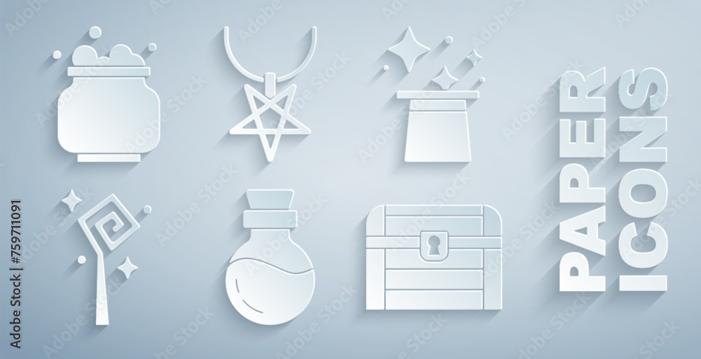 Set Bottle with potion, Magic hat, staff, Antique treasure chest, Pentagram necklace and Witch cauldron icon. Vector Set Bottle with potion, Magic hat, staff, Antique treasure chest, Pentagram necklace and Witch cauldron icon. Vector