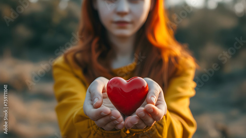 young woman person holds small red heart candy in her hands