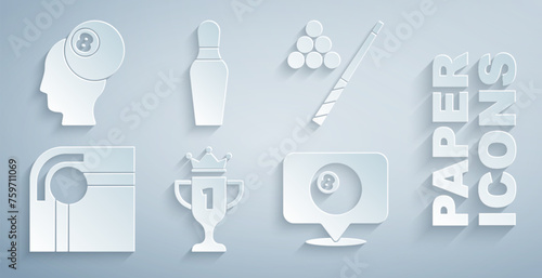 Set Award cup, Billiard cue and ball, table, Location with billiard, Bowling pin and icon. Vector