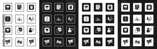 Set Law book, Police car and flasher, Barbed wire, Heart rate, Gender equality, Document, Protest and Shield icon. Vector