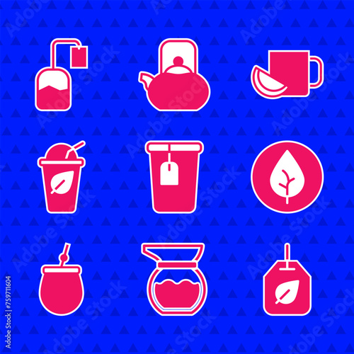 Set Cup with tea bag, Teapot, leaf, Mate, of, lemon and icon. Vector