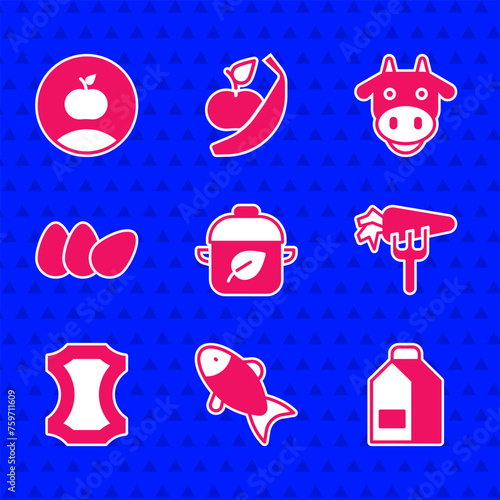 Set Vegan food diet, Fish, Paper package for milk, Carrot, Leather, Chicken egg, Cow head and Apple icon. Vector