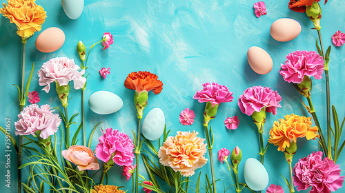 Beautiful colorful Easter banner. Bottom border from carnation flowers of various colors Easter eggs on blue turquoise wood background