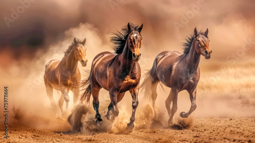 Majestic horses galloping in dusty terrain