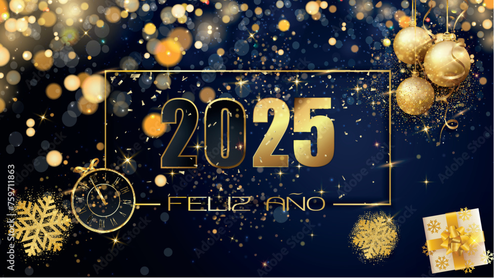 tarjeta o pancarta para desear un Feliz Año Nuevo 2025 en dorado sobre fondo azul con purpurina y círculos en efecto bokeh, un reloj, regalos, copos de nieve y una bola navideña dorada