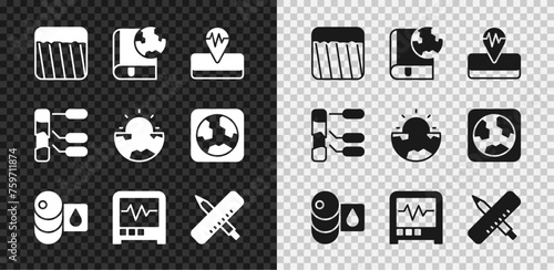 Set Ground, Earth globe and book, Earthquake, Barrel oil, Seismograph, Crossed ruler pencil, Soil analysis and core structure crust icon. Vector
