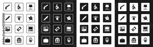 Set Table lamp, Roman army helmet, Pen, Vintage pistol, Classic teapot, Ancient amphorae, Retro tv and Picture icon. Vector