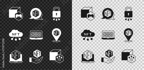 Set NFT Digital crypto art, Cyber security, Laptop with store app, cloud and Binary code icon. Vector