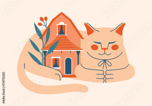 Cute illustration with white cat, who lying around cartoon house with plants, leaves, berries. Cozy clip art with domestic pet, animal, building. Sweet home concept. Art for card, banner, sticker.