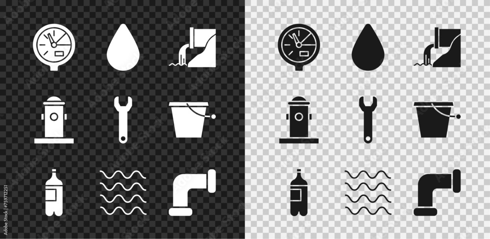 Set Water meter, drop, Wastewater, Bottle of, Wave, Industry metallic pipe, Fire hydrant and Wrench spanner icon. Vector