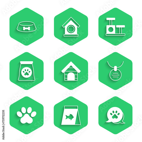 Set Dog house, Food for fish, Paw print, Collar with name tag, Bag of food pet, Cat scratching post toy and Pet bowl cat dog icon. Vector