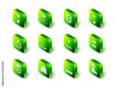 Set Sport mechanical scoreboard, Boxing training paws, Smart watch with heart, Dumbbell, boxing shoes, bag and short icon. Vector