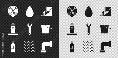 Set Water meter, drop, Wastewater, Bottle of, Wave, Industry metallic pipe, Fire hydrant and Wrench spanner icon. Vector
