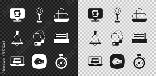 Set Boxing helmet, Punching bag, Sport, ring, glove, Stopwatch, bell and icon. Vector